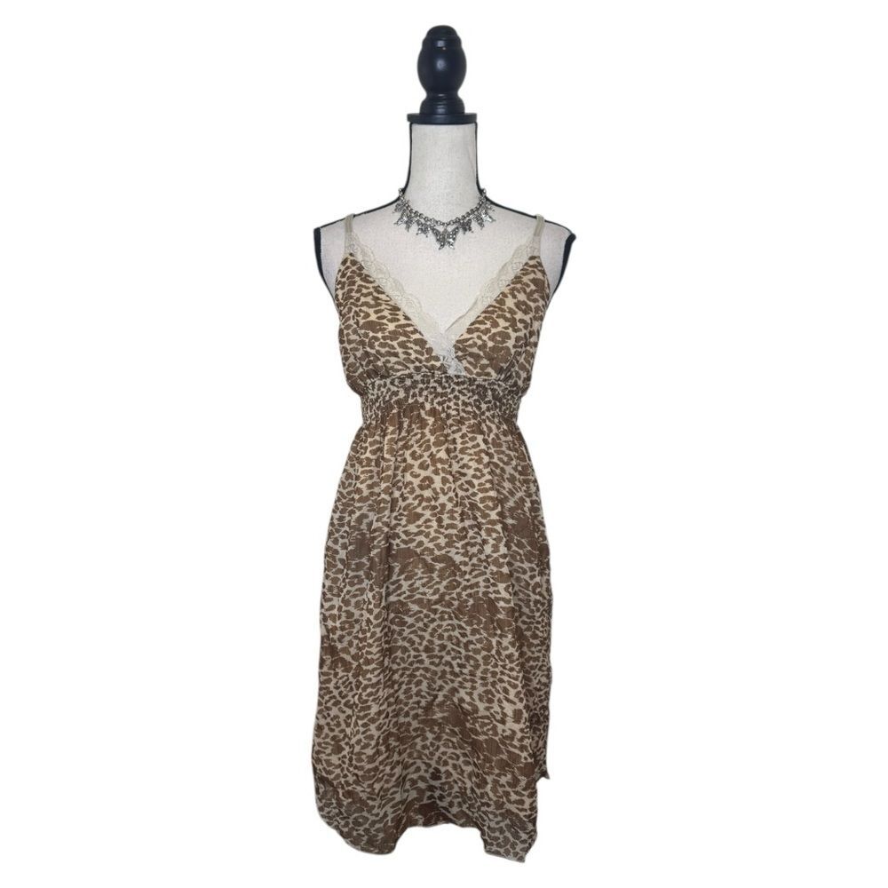 Y2K Derek Heart Tan Animal Print + Lace Dress Size Large